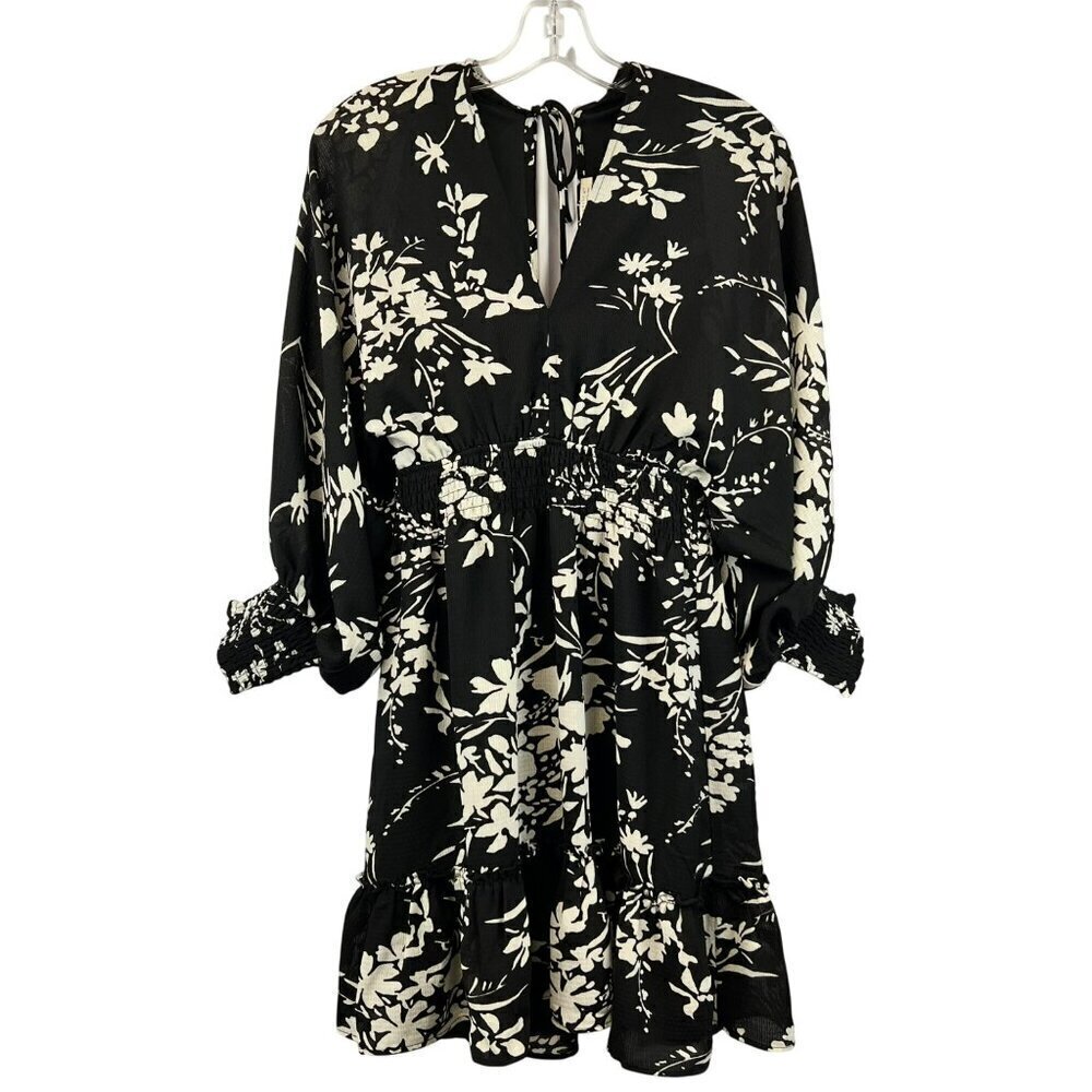 Lovestitch Floral A-Line Split Sleeve Dress Open Back Black/Ivory Size Small